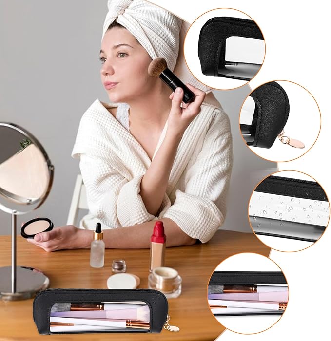 Psyqtsuary Clear Makeup Bag, PU Leather Mini Makeup Pouch Portable Makeup Brush Case Transparent Waterproof Cosmetic Organizer Pouch with Zipper for Women Home Travel Office Makeup Storage (Black)