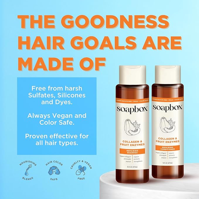 Soapbox Collagen & Fruit Enzymes Shampoo & Conditioner Set, Protects, Repairs & Strengthens Hair - Clean Ingredients Free of Harsh Chemicals, Sulfates, Parabens & Silicones - 16 oz Each