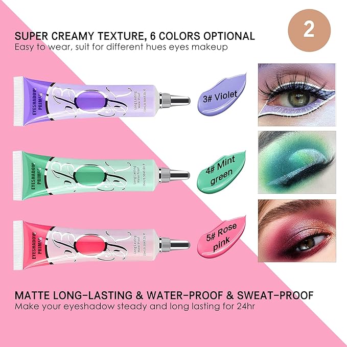 LOKFAR 2 Pack Matte Eyeshadow Primer for Oily Lids Black Eyeshadow No Crease Eye Primer Makeup Eyeshadow Base Waterproof & Smudge-proof & Long Lasting Cream Liquid Eye-shadow for All Shadows (Set C)