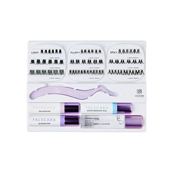 FALSCARA Studio Lash Extension Kit, 54 Stackable Lash Clusters, Medium Volume, 10mm-14mm, ‘Xtra’, False Eyelashes, InfuseBond, Water-Resistant Seal, BondBoost, Hydro Cleanser, Applicator