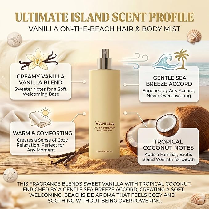 Vanilla on the Beach Hair and Body Mist, Vanilla Ocean Fragrance Spray, Lightweight Fragrance Spray, Warm Coconut & Vanilla Scent for Hair and Skin, Long-Lasting Summer Mist, 8.11 fl oz (1 Pcs)
