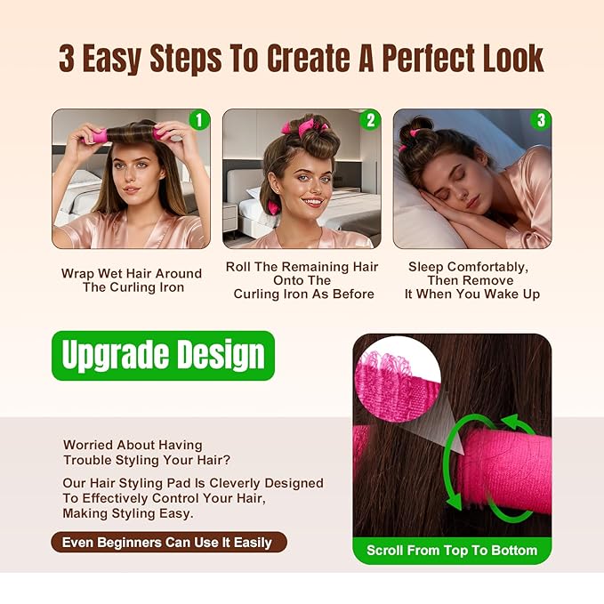 Overnight Heatless Hair Curler, Upgraded with Hair Pad Grippers Satin Jumbo Flexi Blowout Curls Rods, 3pcs No-Heat Styling Tools Curling Rod to Sleep in for All Hair Types - Rose Red