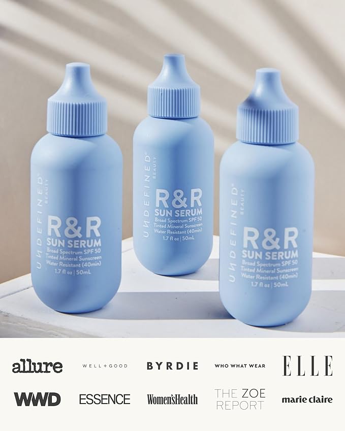 Undefined R&R Sun Serum SPF 50 PA++++ Mineral Sunscreen with Niacinamide, Water Resistant Broad Spectrum Protection & Blue Light Defense (Light Tint)
