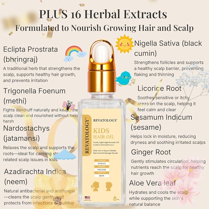 REVATOLOGY Kids & Baby Hair Growth Product High Potency Scalp & Hair Oil (Made in USA) 26 Cold-Pressed Botanicals for all Ages and Hair types Thin, Curly, Waivy for Hair Growth, Dry/Itchy Scalp