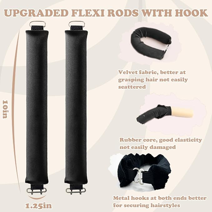 Heatless Curls Overnight, 5 Pcs Heatless Hair Curler to Sleep in Overnight Blowout Rods No Heat Hair Rollers with Scarf - Black
