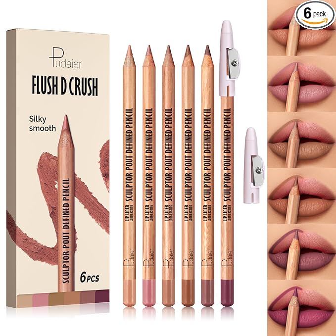 Pudaier 6Pcs Lip Liner Set, Nude-Pink Matte Series Lip Liner with 2 Sharpeners, Smooth & Longer-Lasting LipLiner for Women, High Pigmented Waterproof Lip Liner Pencil for Defining & Filling Lips