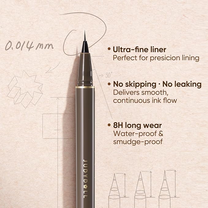 JUDYDOLL Ultra-Fine Liquid Eyeliner-Precision Tip for Wing Line, Smudge-Proof, Quick-Drying, Waterproof, Easy to Get Inner Corner Lined, Hooded Eyes-Friendly (#2 Deep Brown)
