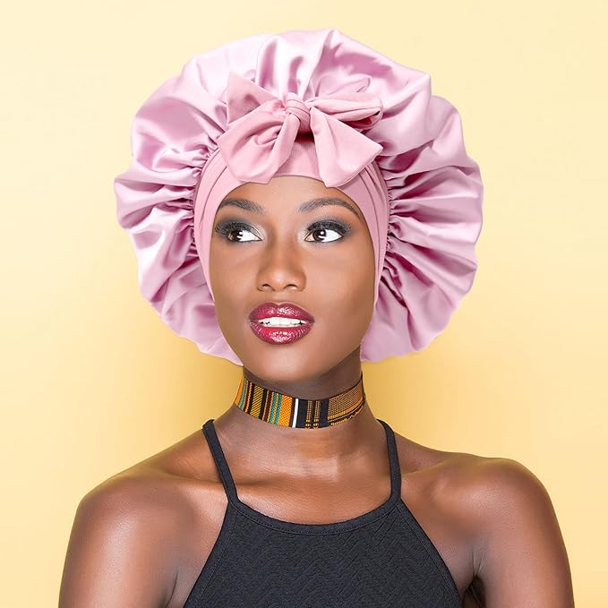 Satin Bonnet with 3PCS Hair Scrunchies for Women Tie Band Hair Bonnet Large 2 Layered Silk Sleeping Cap Nightcap for Sleeping (Pink with Bonus 3 Hair Scrunchies)