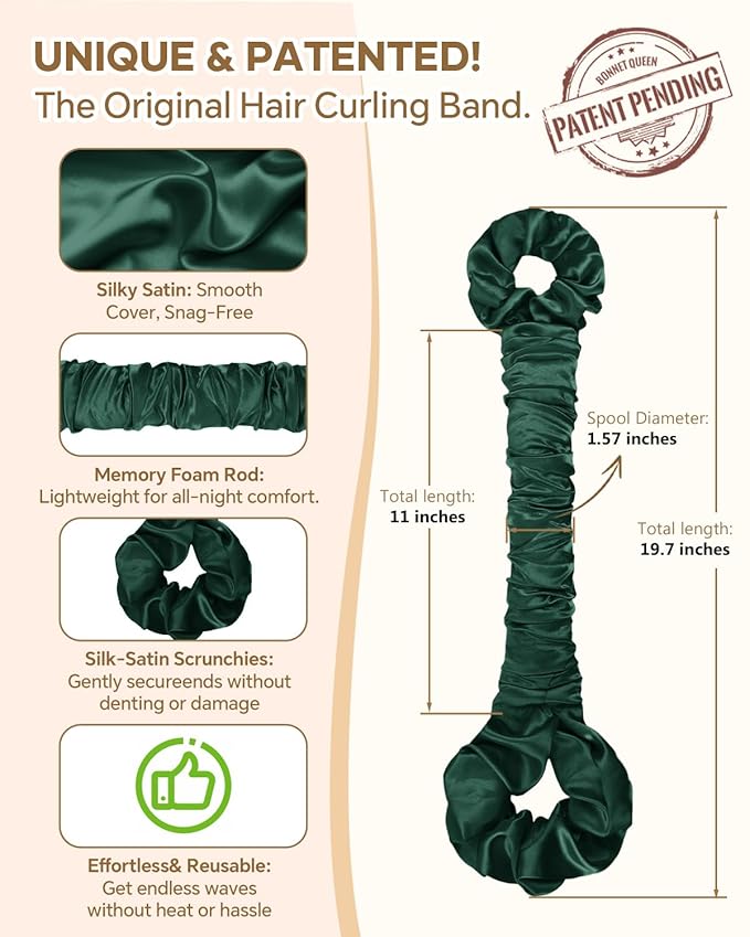 BONNET QUEEN Satin Heatless Hair Curler, Overnight Curls for Long Hair, Ultra Soft Daily Use of Hair Accessories & 2 Scrunchies, Damage-Free Styling, Soft Hair Curlers for Overnight, Dark Green
