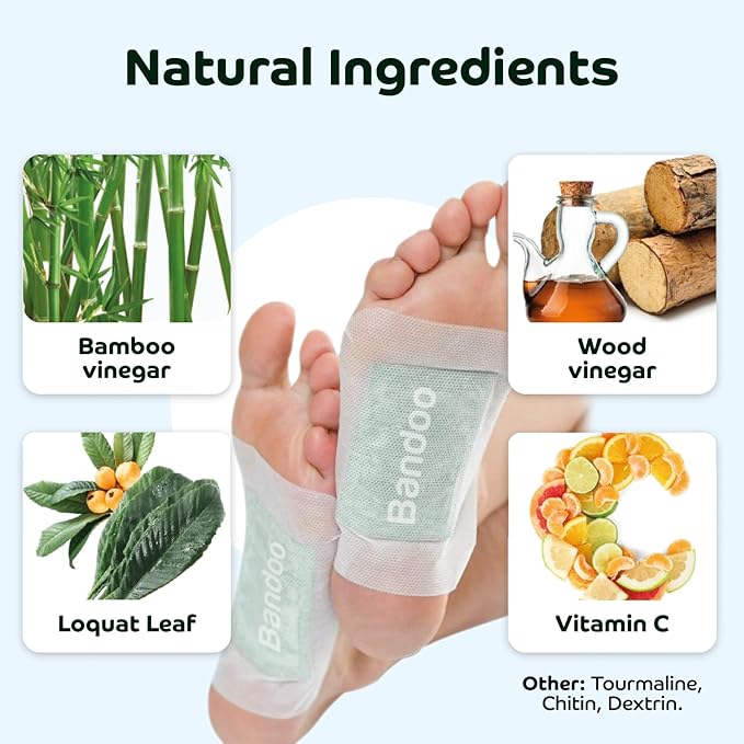 Bandoo Foot Pads – Premium Natural Bamboo Vinegar & Tourmaline Material, Japanese Foot Care for Men & Women - 30 Count