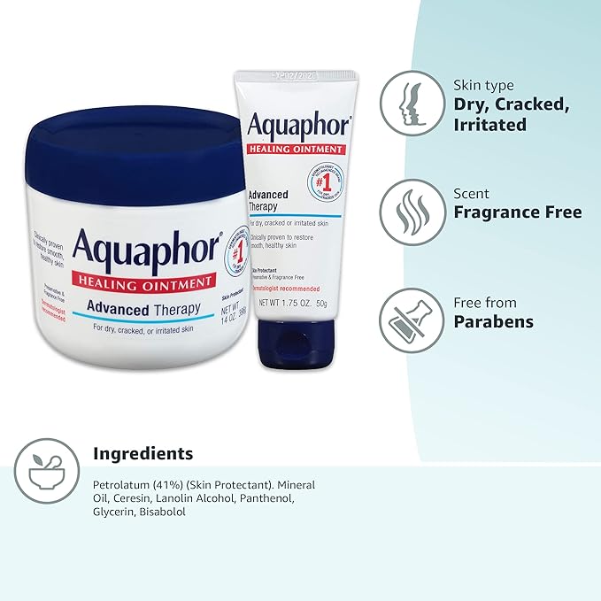 Aquaphor Healing Ointment Advanced Therapy Skin Protectant Skin Care Set, Body Moisturizer for Dry Skin, Minor Cuts and Burns, Dry Cuticles, Cracked Heels, Hands and Lips, 14 Oz Jar + 1.75 Oz Tube