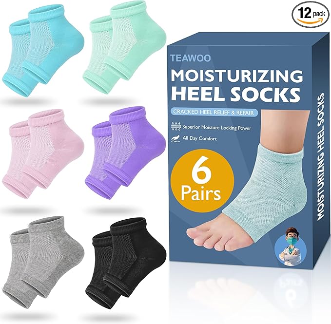 TEAWOO Moisturizing Heel Socks - 6 Pairs for Dry Cracked Feet, Toeless Gel Socks for Hydration and Repair