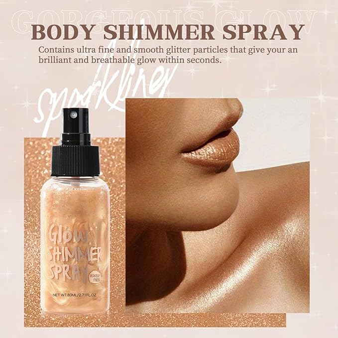 Body Glitter Spray, Body Shimmer Spray Quick Drying Body Glow Shimmer Long-Lasting Shiny Glitter Spray for Women Men for Party, Concert 2.6 Fl Oz. (Light Brown)