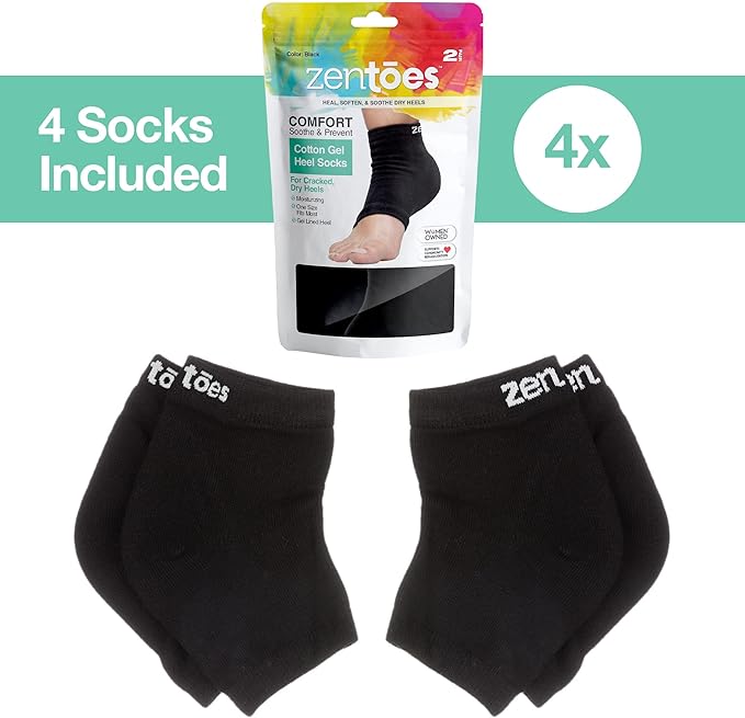 ZenToes Moisturizing Socks for Cracked Heel Treatment, Vitamin E, Olive Oil and Jojoba Oil Infused Heel Socks, Spa Gifts for Women, Relaxation Gifts for Women (Cotton Black, Regular)