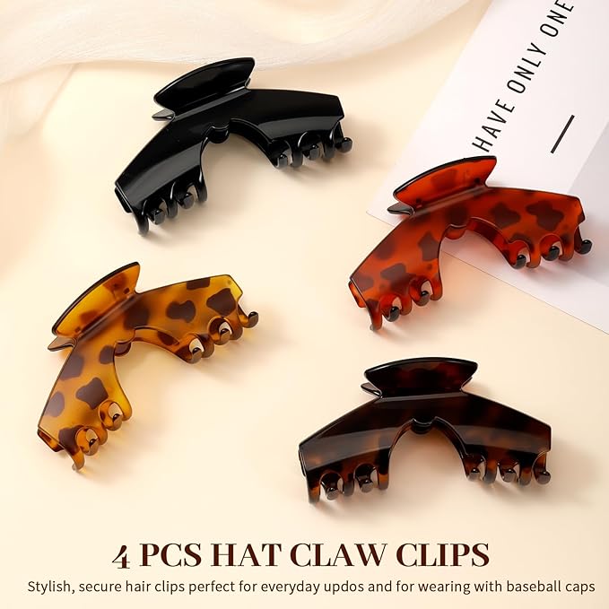4 PCS Hat Claw Clip for Women - Hat-Friendly Claw Clip for Baseball Caps, Adjustable Trucker Hat Hair Clips for Thick Thin Hair, Large Hat Claw Clips for Gym Beach Holiday Outing, Tortoise Shell