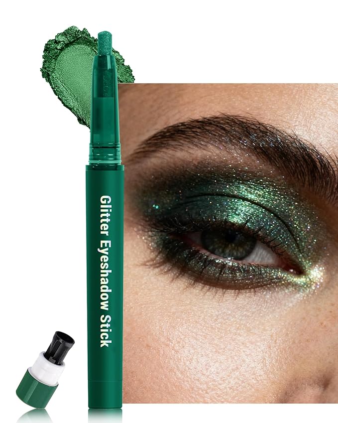 Glitter Eyeshadow & Eyeliner Stick 2 in 1, Metallic Shimmer Eyeshadow Stick, Twist-Up Built in a Sharpener Green Eyeliner Pen, Waterproof Creamy Eye liner Makeup for Women St. Patrick's Day-12 Green