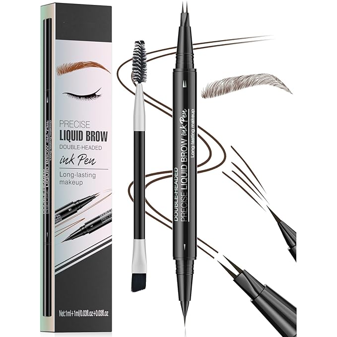 Microblading Eyebrow Pen, 2 in 1 Dual Ended Eyebrow Pencil, Curved Eyebrow Pencil with Micro-Fork-Tip & Precise Brush-Tip, Waterproof and Last All Day for Natural Hair-Like Brows (03#DARK BROWN)