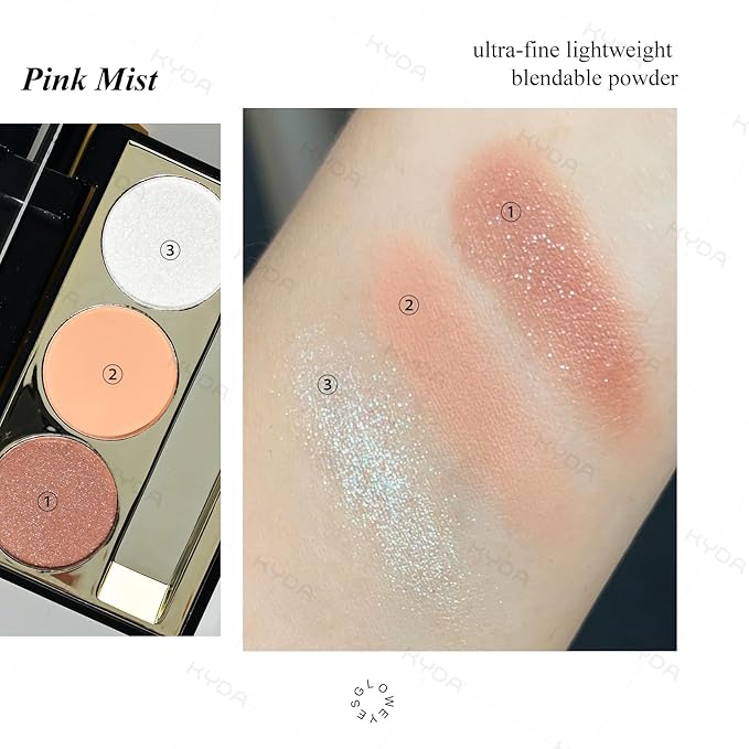 KYDA 3 Colors Eyeshadow Plaette, Shimmer Rose Golden Eyeshadow, Pearl White Nude Beige Eyes Shadow, Lasting High Pigmented Warm Rose Pink Eye Shadow, Mini Eyes Glitter Makeup Pallet for All Skin