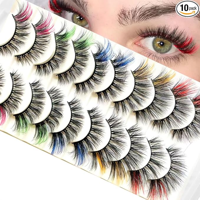 Sunniess Ombre Colored Lashes Silk Protein Fluffy Wispy Volume Fake Lashes for Halloweens Cosplay Party Stage Lashes with Color Make up Faux Mink False Eyelashes