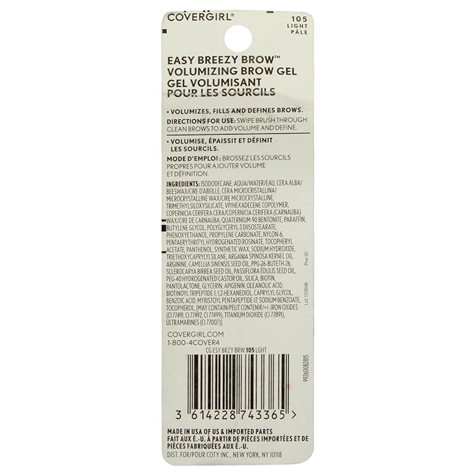 COVERGIRL - Easy Breezy Brow Volumizing Gel, Holds Brows for 24 Hours, Infused with Argan Oil & Biotin, 100% Cruelty-Free