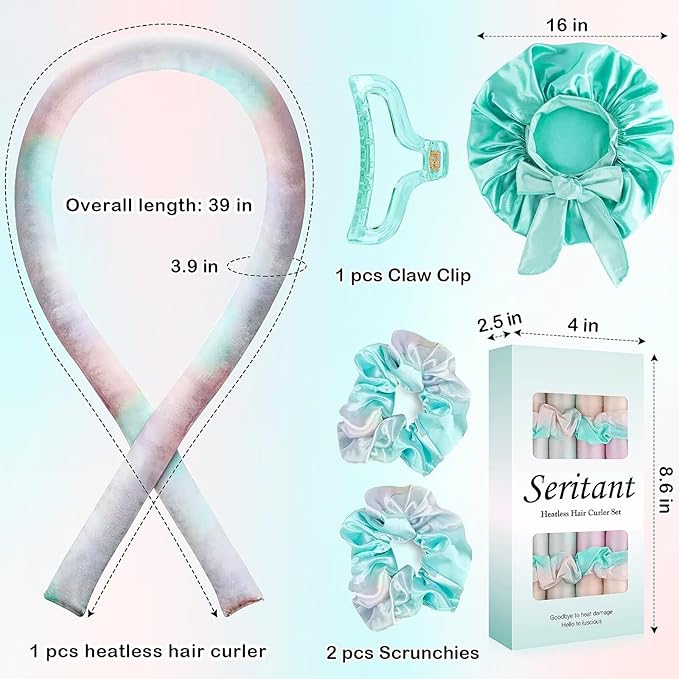 Heatless Hair Curler for Overnight Curls | No Heat Curling Rod Set with Satin Bonnet | Sleep-In Safe Blowout Rods for Frizz-Free Waves Green Tie Dye