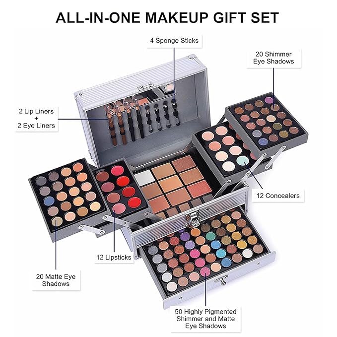 UNIFULL 132 Color All- In- One Makeup For Women Full Kit,Professional Makeup Kit,Makeup Gift Set for Women,Girls&Teens,Include eyeshadow/lipstick/concealer/Lip Gloss/Eyeliner/Mascara（006N2-Silver）