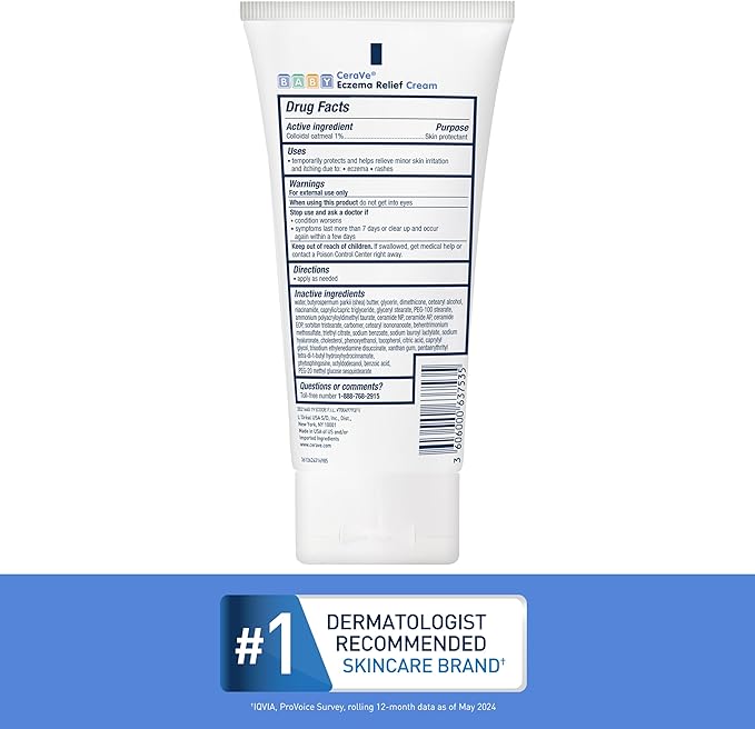 CeraVe Baby Eczema Relief Cream, 1% Colloidal Oatmeal Cream With Vitamin E & Ceramides, Soothes & Calms Itchy Skin, Developed With Pediatric Dermatologist, Fragrance Free, 5oz