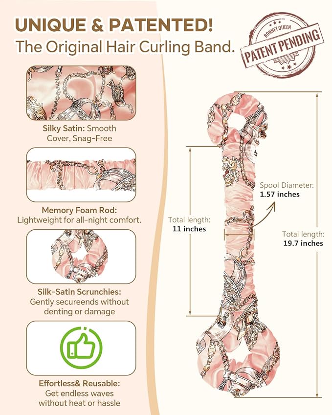 BONNET QUEEN Satin Heatless Hair Curler, Overnight Curls for Long Hair, Ultra Soft Daily Use of Hair Accessories & 2 Scrunchies, Damage-Free Styling, Soft Hair Curlers for Overnight, Pink Print