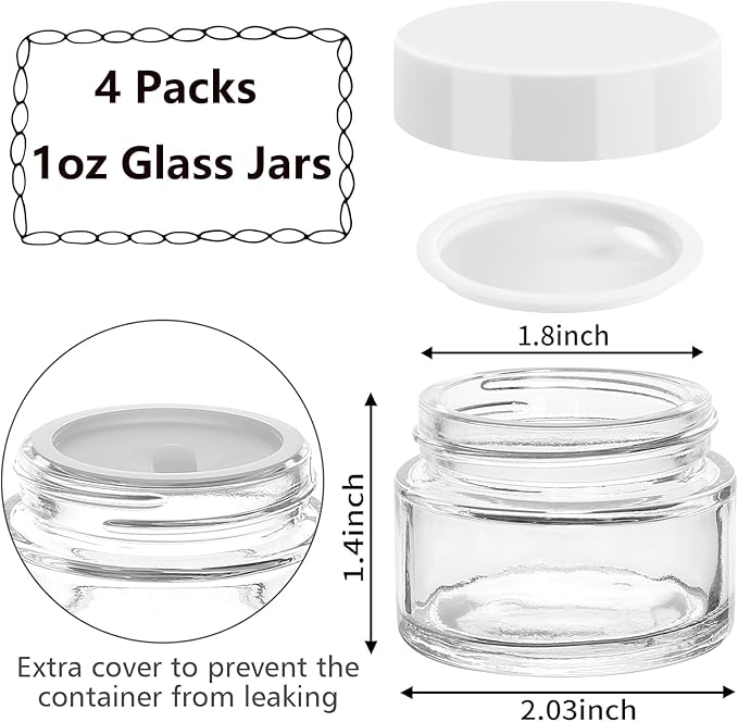 Accmor 4 Pcs Glass Cosmetic Jars with White Lids, 1 OZ Travel Container Round Glass Jars with Inner Liners & 2 Pcs Spatulas, Makeup Sample Container Storage for DIY Making Lotions, Cream, Ointments