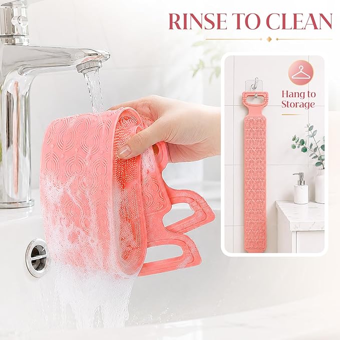 Manmihealth Silicone Back Scrubber for Shower, 33.8'' Exfoliating Body Scrubber with Long Strap Handle, Dual-Sided Extendable Back Washer for Men and Women (Pink)