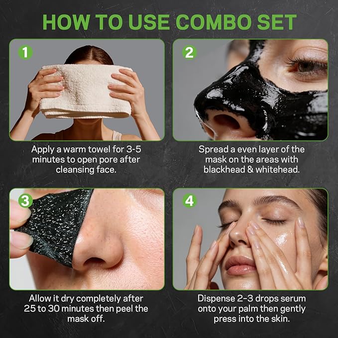 AMOADO Blackhead Remover Peel Off Face Mask, Black Mask & Tea Tree Oil Serum Duo Set, 2-in-1 Deep Cleansing and Pore Tightening, Charcoal Face Mask Peel Off Blackheads Removal
