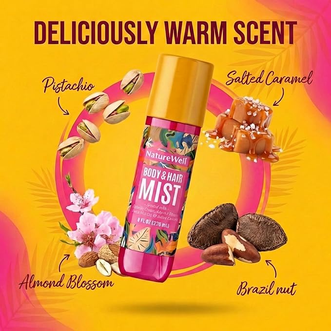 NATURE WELL Cheeky Hair & Body Mist, Lightweight Mist Made for Head-To-Toe, Deliciously Sweet & Warm Long-Lasting Brazilian Nut Scent, 8 Fl Oz (Pack of 2)