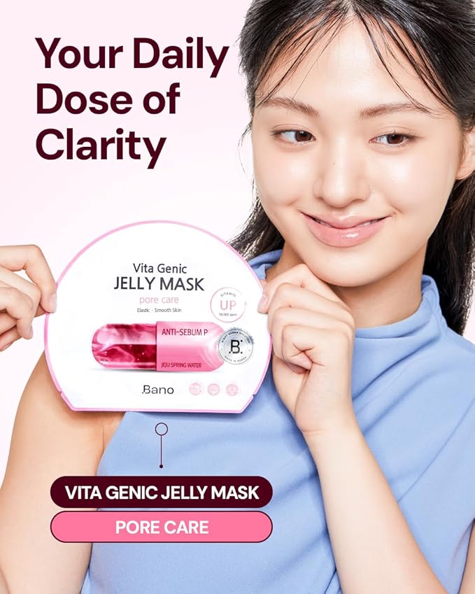 Bano Vita Genic Jelly Face Pore Care Mask 10EA – Hydrating Sheet Mask for Sensitive Skin, Korean Glass Skin Care with Spring Water, Vitamin C and Niacinamide, Sebum Control, Fragrance-Free, Pack of 2