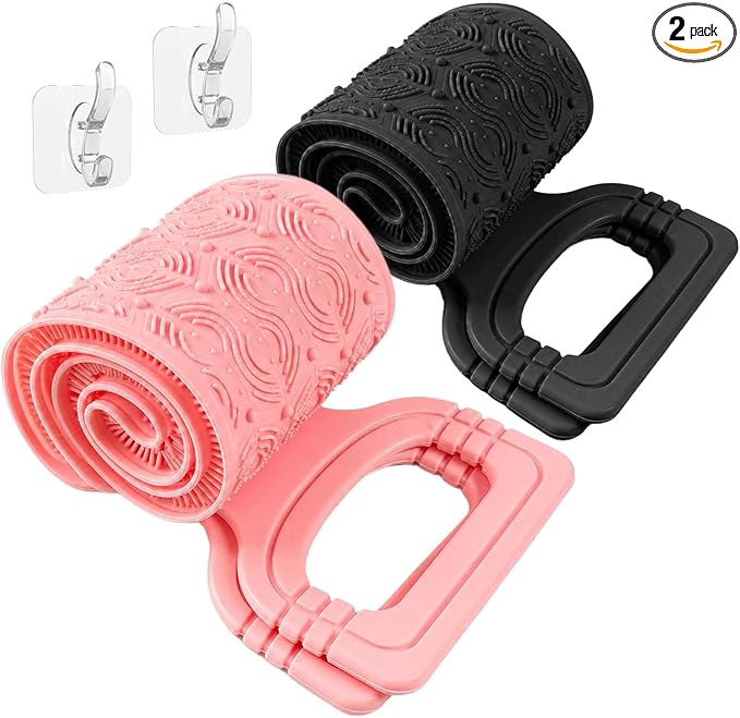 Manmihealth Silicone Back Scrubber for Shower 2 Pack, 33.8'' Exfoliating Body Scrubber with Long Strap Handle, Dual-Sided Extendable Back Washer for Men and Women (Black+Pink)