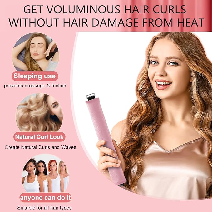 Overnight Heatless Hair Curler- 4 Piece Set- Jumbo Heatless Curls- Satin Flexi Rods to Sleep in- No Heat Curler Overnight Sleeping Curls Styling Tools- Gentle Rollers for All Hair Types-Pink