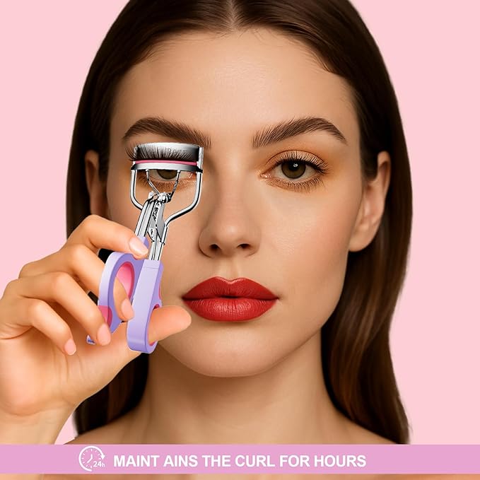 Eye Lash Curler with 6PCS Extra Replacement Pads, Superior Curling Effect Eyelash Curlers, Easy & Comfortable to Grip and Use, Perfect Gift for Her, Teenagers, Beauty Enthusiasts -Silver Purple Red