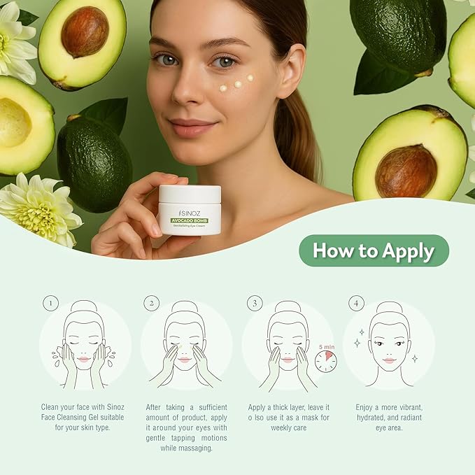 sinoz Hydrating Eye Cream with Avocado Oil, Caffeine & Peptides, 15 ml - Avocado Eye Cream, Dark Circles Eye Cream for Puffiness & Dry Under Eyes, Day and Night Skincare for Women