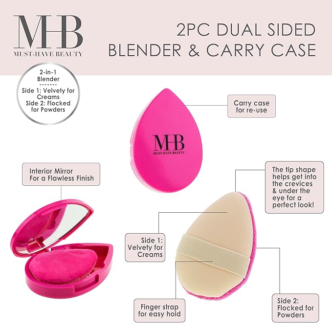 2pc Pink Dual-Sided Beauty Puff & Sponge – Carrying Case & Matching Mirror | Professional Makeup Blender for Flawless Application | Beauty Puff with Holder for Women – Soft