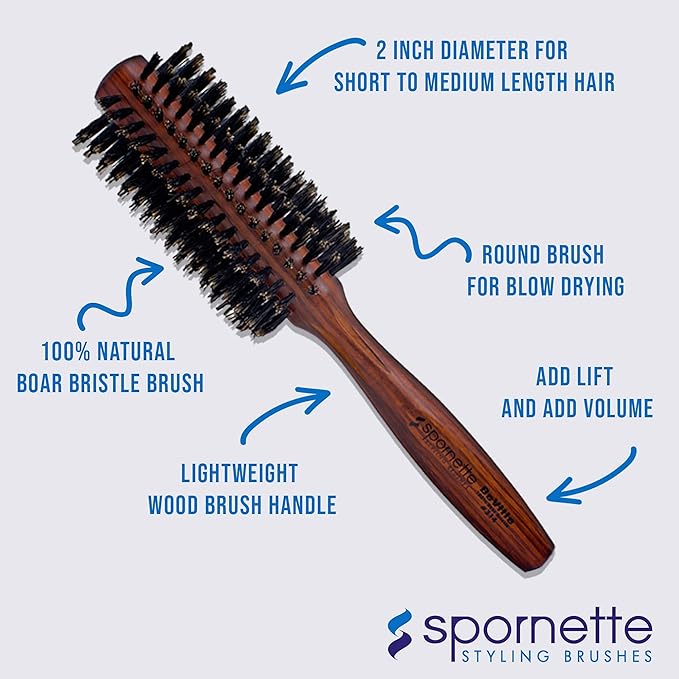 Spornette Deville Boar Bristle Round Brush for Women - Round Hair Brush for Blow Drying, Curling & Styling - Adds Shine, Volume & Lift to All Hair Types (2 Inch)