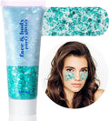 MEICOLY Teal Body Glitter,Holographic Mermaid Face Glitter Gel for Halloween Face Paint,Dazzle Green Chunky Glitter for Face Body Hair,Sparkling Self-Adhesive Gel Glitter Makeup for Women and Kids