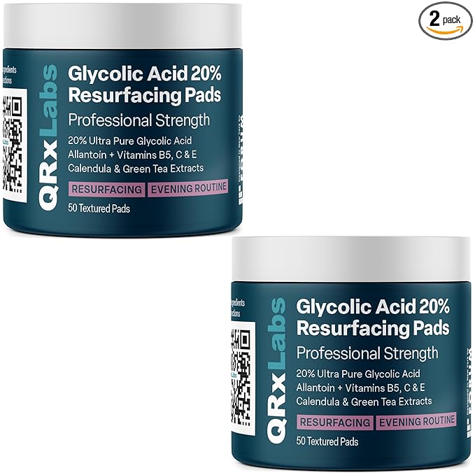 QRxLabs Glycolic Acid Pads - 20% Resurfacing Pads AHA for Face & Body - Exfoliates Skin Surface and Reduces Appearance of Fine Lines and Wrinkles - Acne Treatment Clearing - Daily Pads - 50ct 2PK
