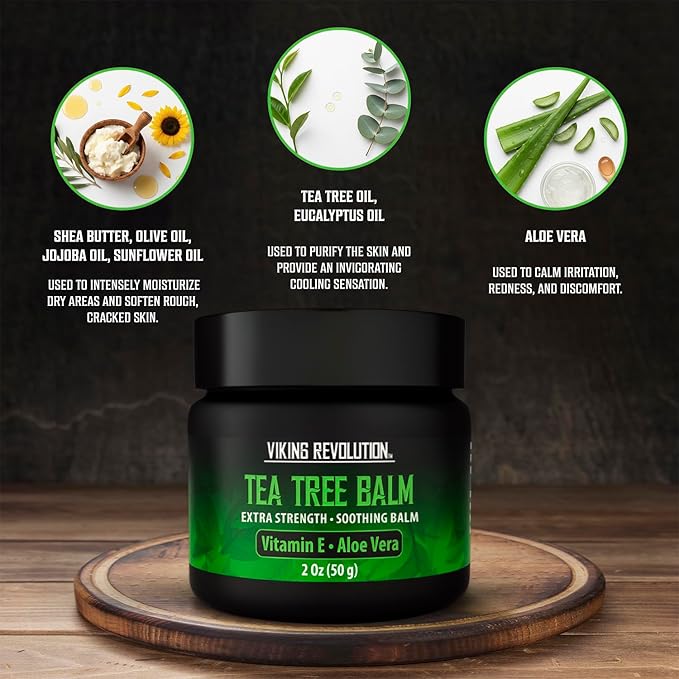 Viking Revolution Tea Tree Oil Balm - Foot Cream for Dry Skin - Deeply Moisturizing Formula with Aloe Vera, Vitamin E & Eucalyptus - Soothes & Hydrates Rough Hands, Elbows & Feet (2 Oz, Pack of 1)