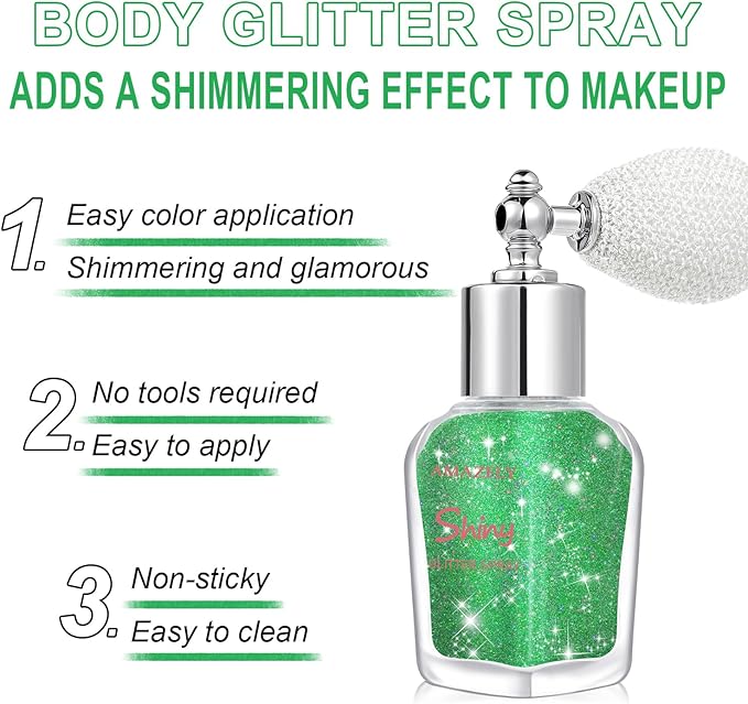 Hair and Body Glitter Spray, St Patricks Day Shimmering Powder Sparkle Powder Makeup, Green Glitter Loose Sparkle Makeup for Body Highlighter,Festival Prom Rave Accessories (Green)