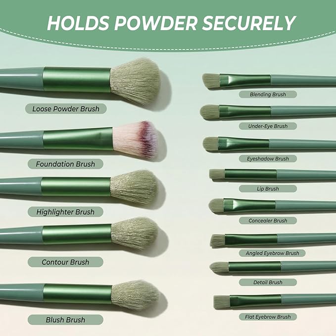 10 Sets Makeup Brushes with 13 Travel-Size Brushes & Pouch, Professional Mini Face Brush Set for Daily Makeup, Parties, Travel(10pc,green)