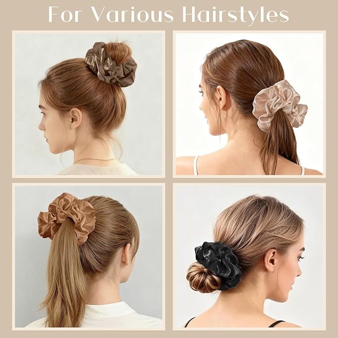 Lolalet Big Satin Scrunchies for Women, 5.9 Inch Large Oversized Scrunchie, Soft Jumbo/Giant Scrunchies Hair Ties for Thick & Curly Hair -4 Pack, Almond/Khaki/Black/Brown