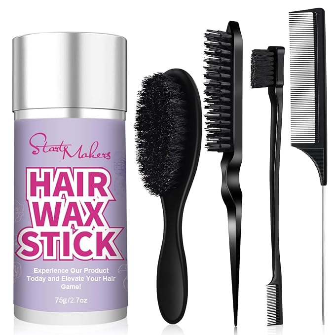 START MAKERS Hair Wax Stick and Slick Back Hair Brush Set for Women Kids Men 5PCS, with Edge Brush, Teasing Brush, Rat Tail Comb & Mini Boar Bristle Brushes for Flyaways, Control, Sleek, Ponytail Buns