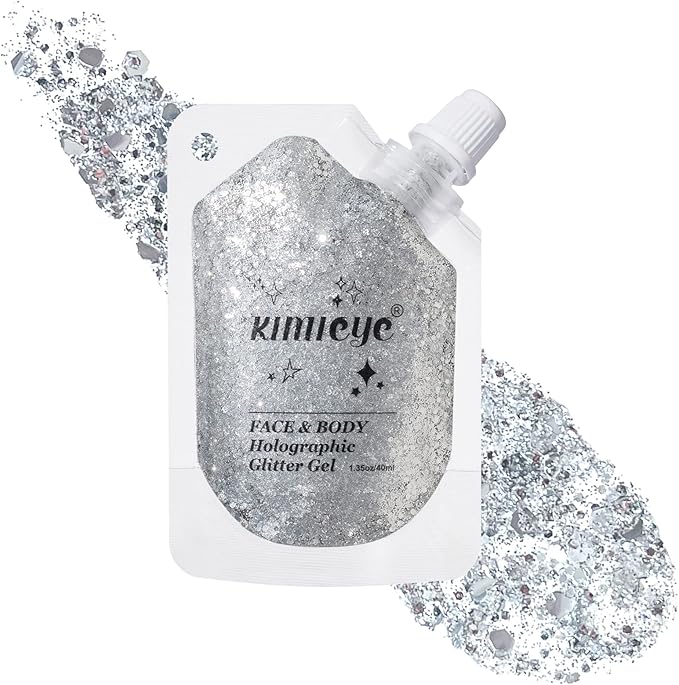Pure Silver Face Body Glitter Gel Shimmer Makeup for Hair Clavicle Arm Nail Eyeshadow, Long Lasting Waterproof Holographic Mermaid Sequins for Outfit Rave Festival Party, 1.35oz, #10
