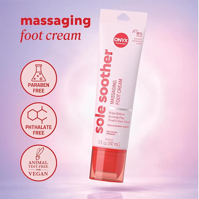 Onyx Professional Sole Soother Foot Cream, Vanilla Coconut Scent, 5 fl oz - Built-In Foot Massager, Urea Foot Cream that Massages & Moisturizers Feet