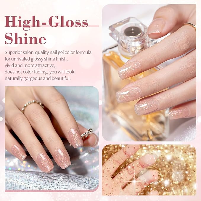 RARJSM Nude Glitter Gel Polish Set 6pcs Shimmery Jelly Nail Polish Iridescent Sparkly Pink Purple Apricot Beige Translucent Natural Skin Tone Color 7.5ml Soak off UV LED Cured