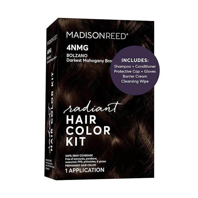 Madison Reed Radiant Hair Color Kit - 4NMG Darkest Chocolate Brown with Warm Mahogany Tones (Bolzano), Dimensional Gray Hair Blending Permanent Hair Dye, PPD-Free & Ammonia-Free, 1 Pack